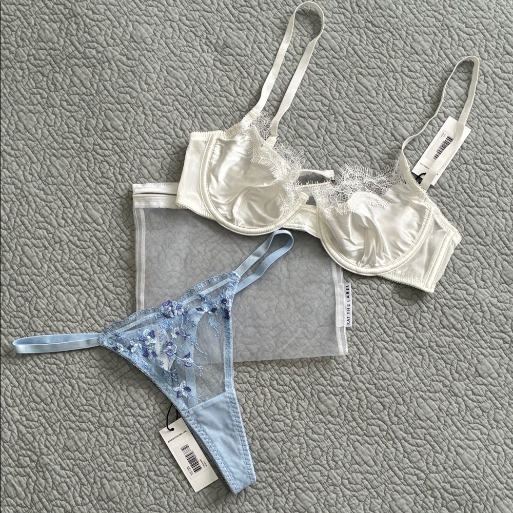 Kat the Label White Satin Underwire Bra & Embroidered Thong Light Blue Medium